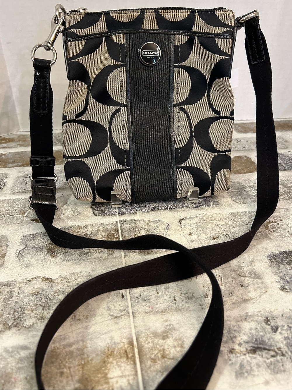 Coach Black and Tan Signature Crossbody with Center Stripe